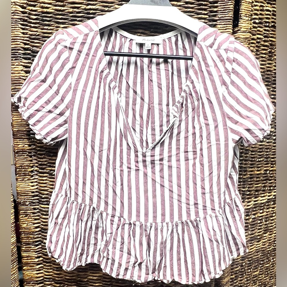 Madewell Burgundy and White‎ Striped Ruffle Blouse- Size: Medium